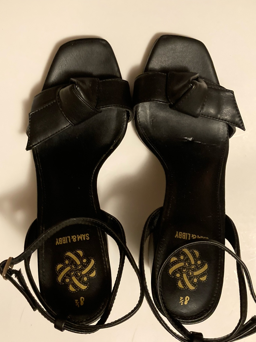 Sam & Libby Black Knotted Leather Open-Toe Heels